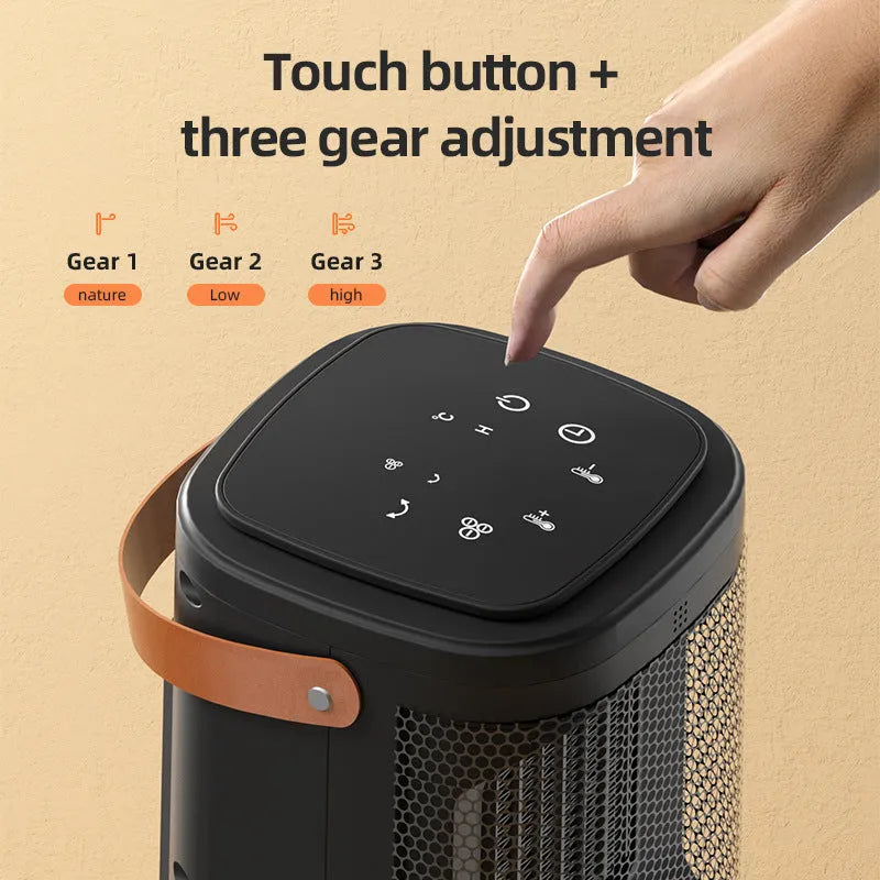 White hot and cold air heating radiator with digital touch screen and remote control on a table.