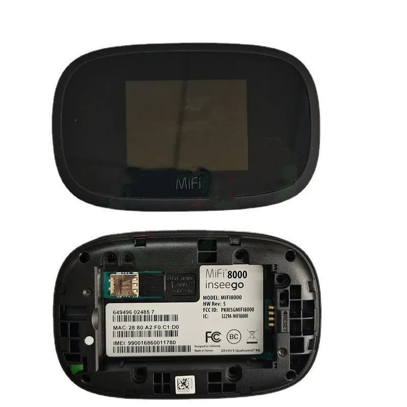 Black MiFi8000 portable 4G wireless router with compact rectangular design on a white background.