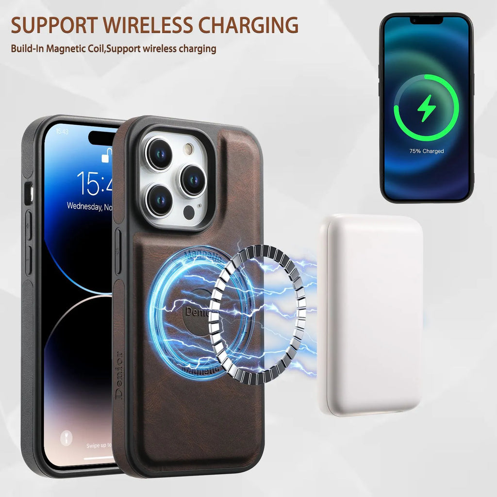 Imitation leather rotating bracket phone case with magnetic card pack for iPhone 16 Pro Max in black