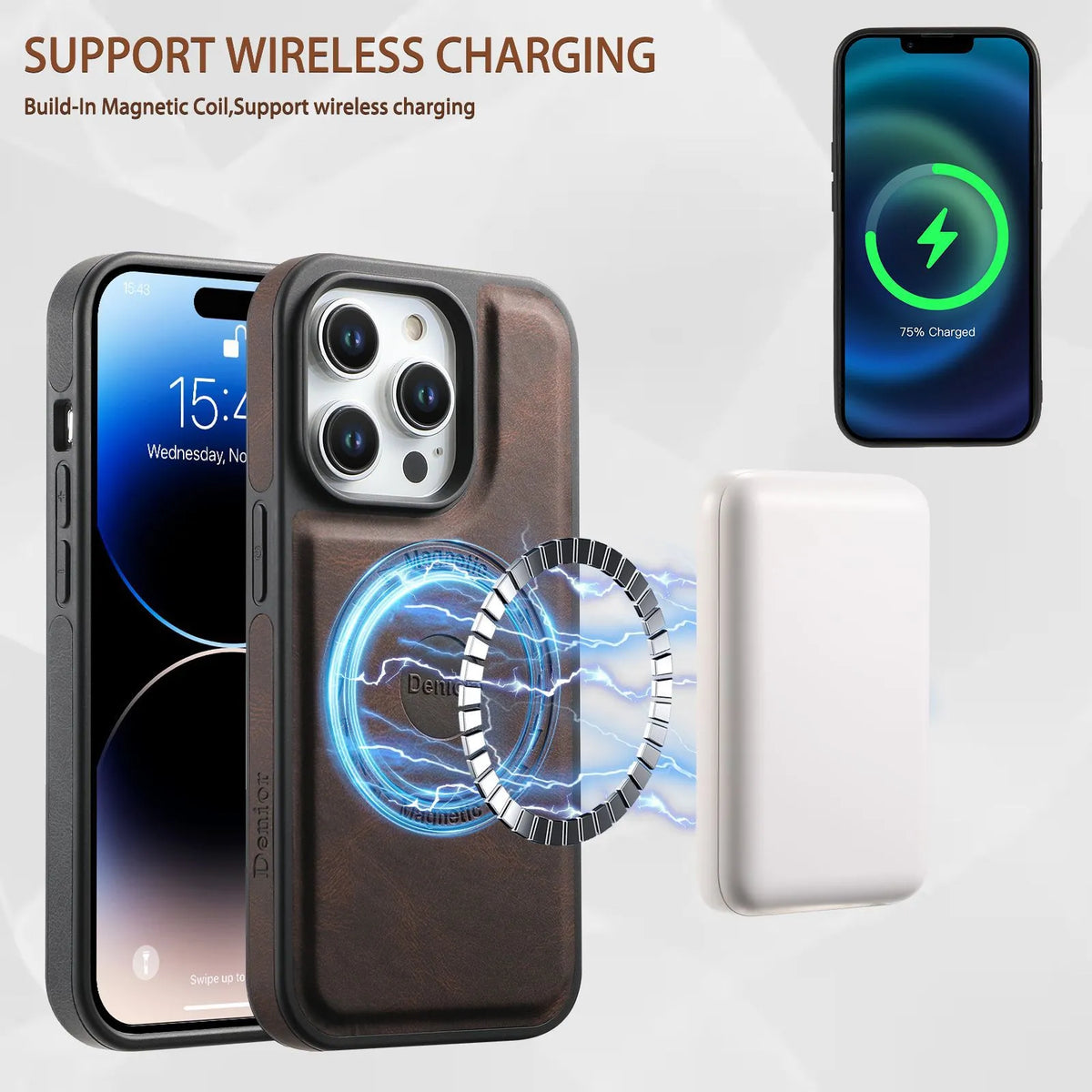 Imitation leather rotating bracket phone case with magnetic card pack for iPhone 16 Pro Max in black
