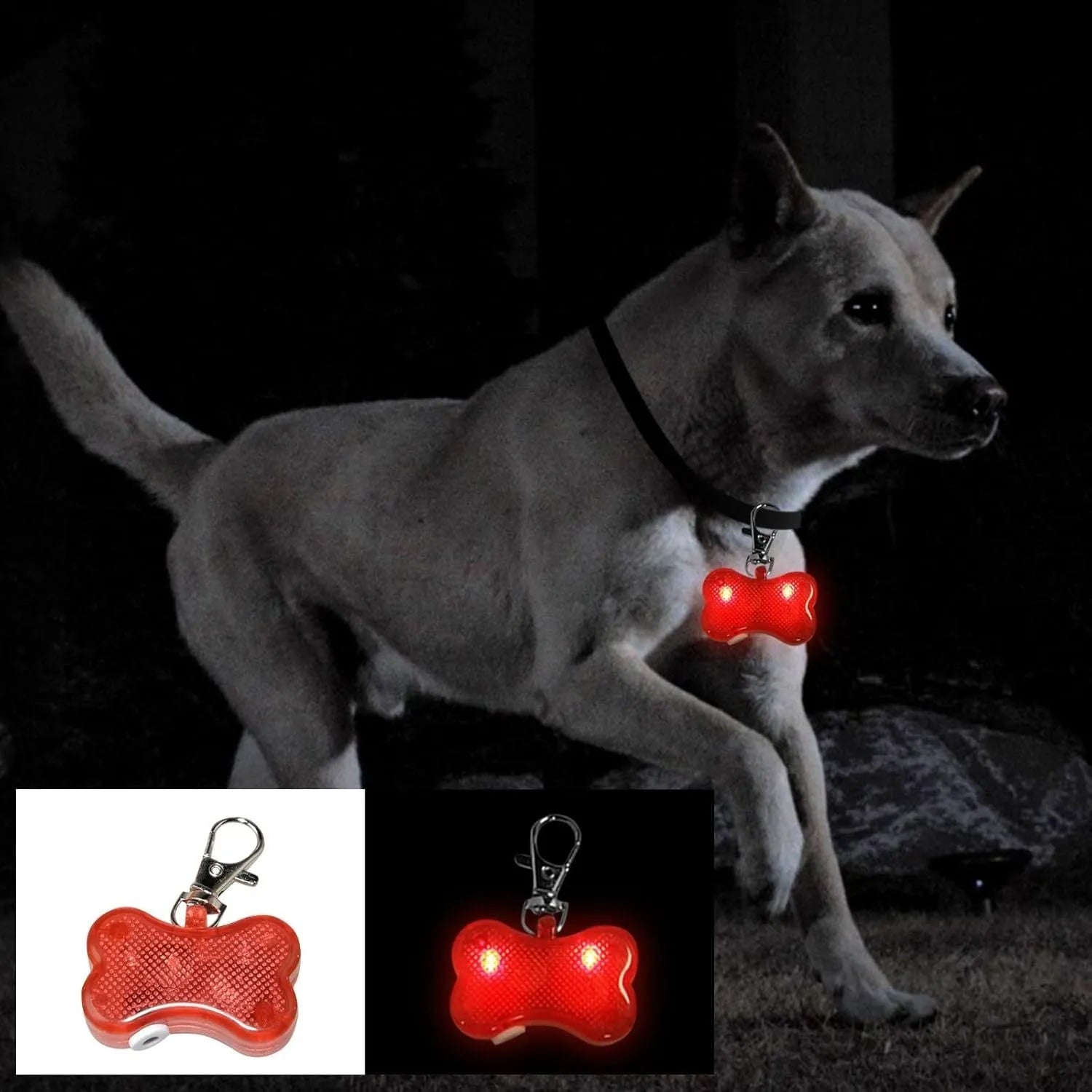 Bone-shaped LED luminous pendant for a pet collar showing blue light, next to two LR44 batteries.