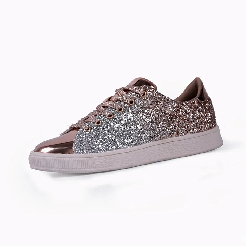 Women's black, pink, and gold sequined casual lace-up shoes with a round toe and leather lining.