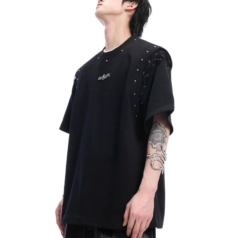 Men's black deconstruction style short sleeve t-shirt with a lace-up cutout panel on the front.