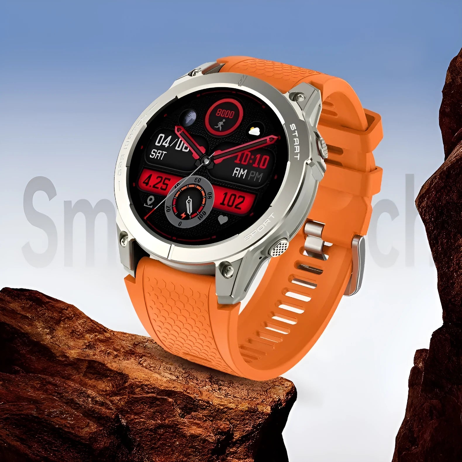 Black or orange GPS sports smart watch with 1.43 inch touch screen showing health metrics