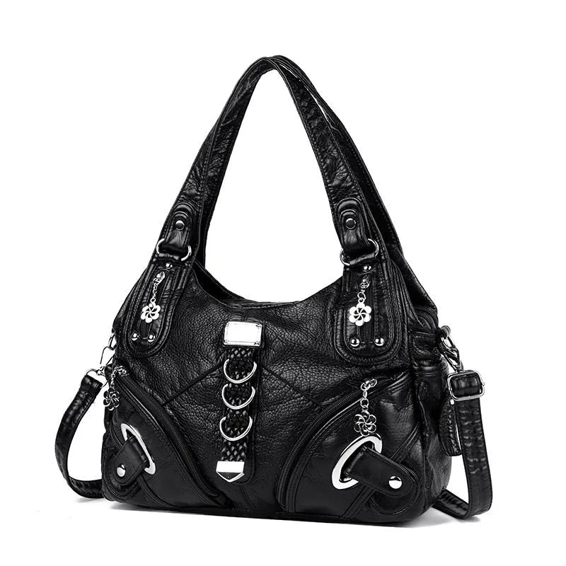 Women's large capacity washed leather handbag in soft PU, black colour, with slit pocket and sewn thread detailing