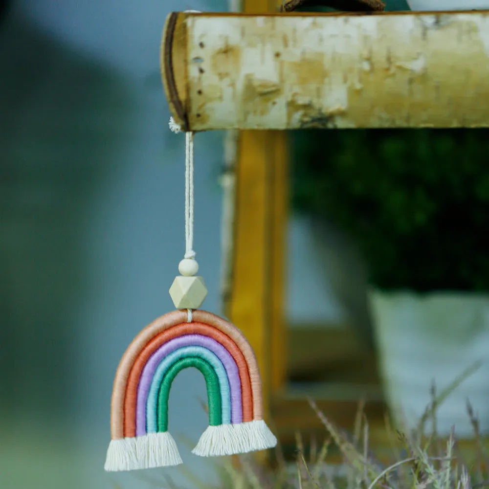 Vintage bohemian handwoven rainbow car pendant with tassel in blue, pink, grey, or red