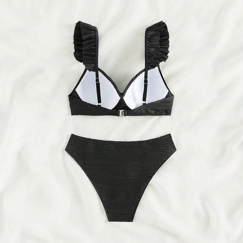 Women's solid colour bikini swimsuit set in black or khaki with two-piece design