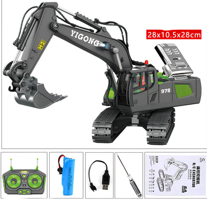 Children's grey-green 11-channel alloy excavator toy car with remote control, rechargeable battery, and simulation digging arm extended 15cm