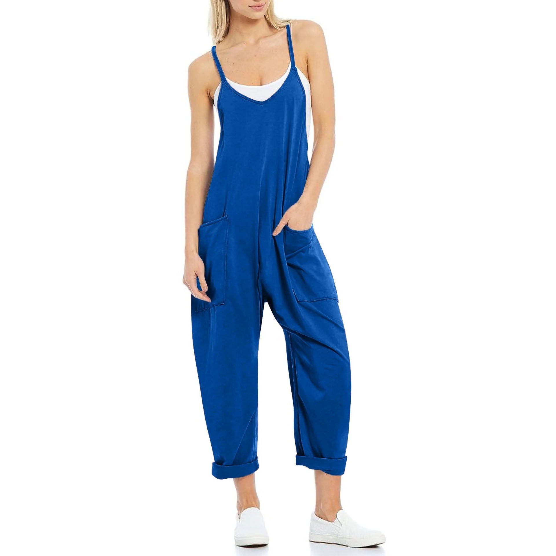 Women's knitted one-piece trousers with pockets and spaghetti straps in various colours