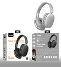 Bluetooth wireless head-mounted sports headphones with leather ear cushions in black and grey
