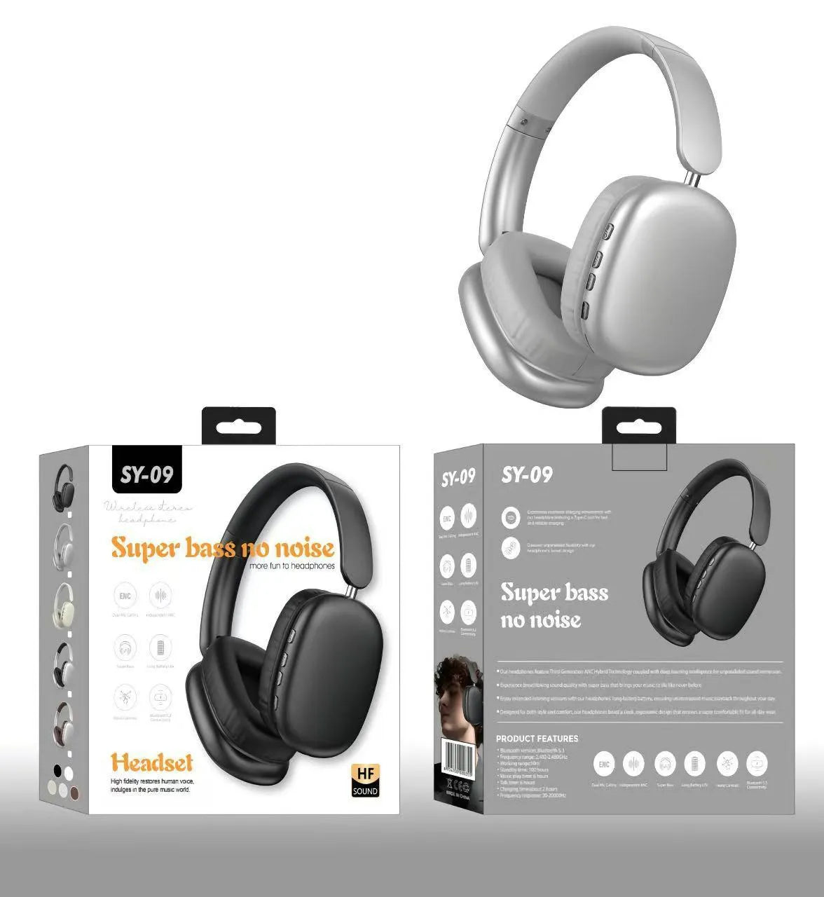 Bluetooth wireless head-mounted sports headphones with leather ear cushions in black and grey
