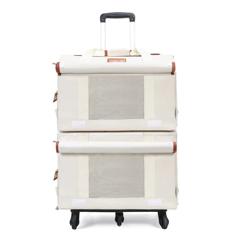 Pet trolley double-deck bus cat bag in solid colour with wheels and nylon body