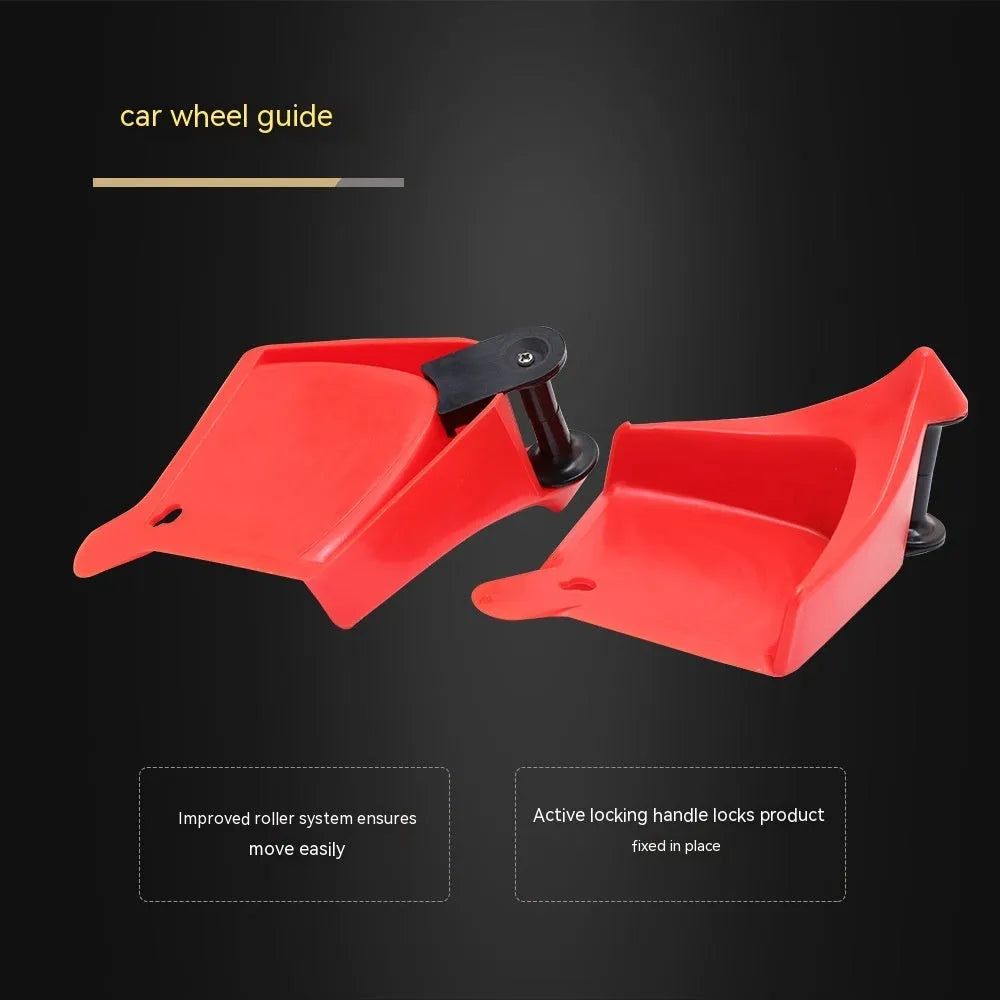 Four red plastic triangular parking blocks for car tyre stopping and vehicle positioning