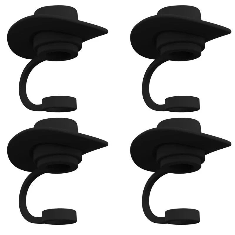 Sturdy Cowboy Hat-shaped straw covers made of food-grade silicone in vibrant colors like red, black, and brown