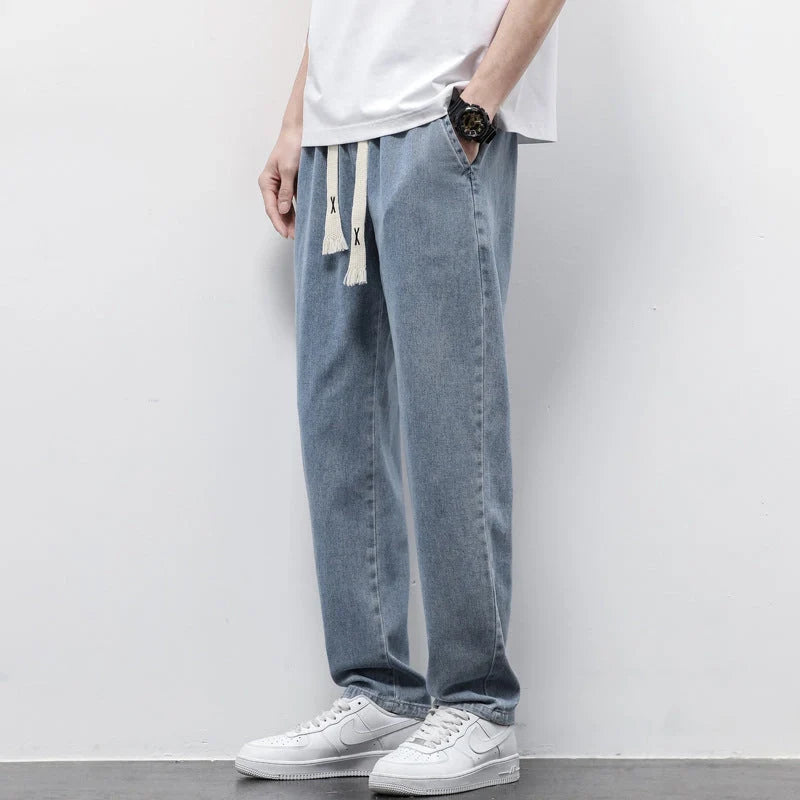 Men's summer loose wide leg jeans in light blue, gray, and retro blue