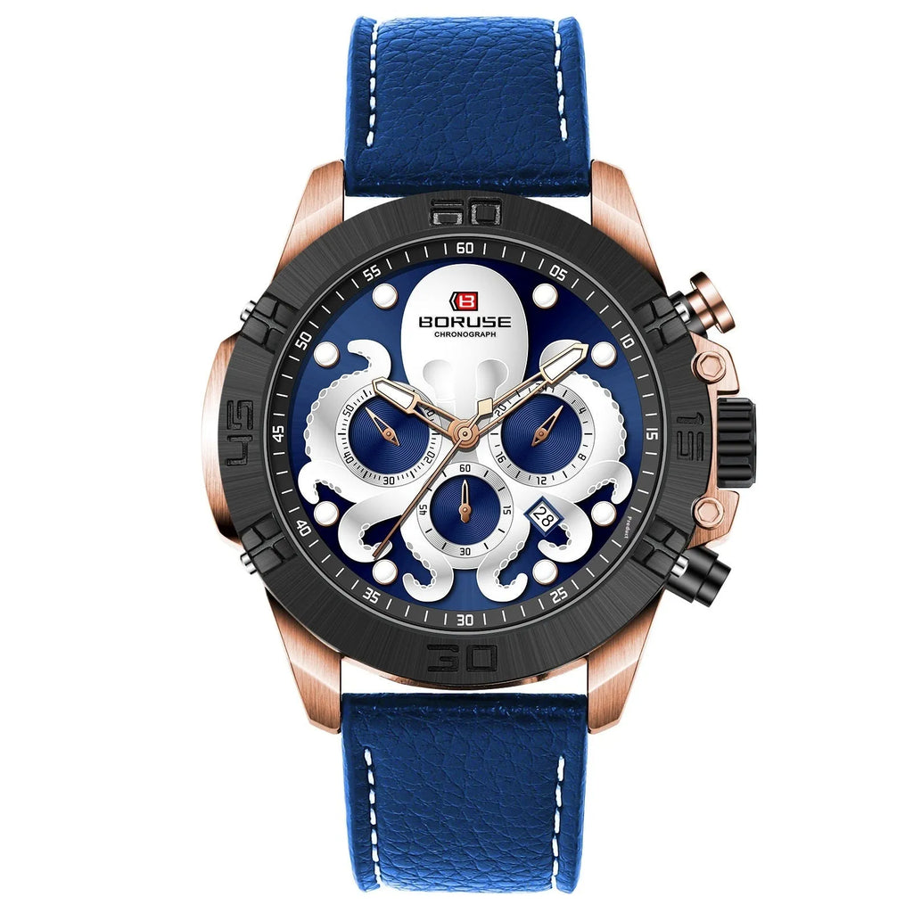Men's octopus design waterproof watch with luminous quartz movement in blue or black colour options