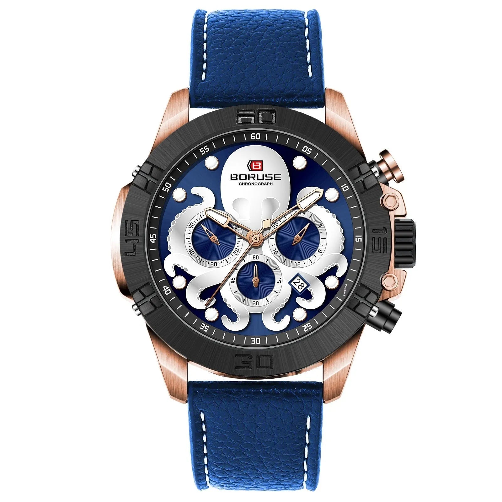 Men's octopus design waterproof watch with luminous quartz movement in blue or black colour options