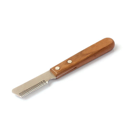 Terrier dog grooming comb with walnut wood handle and stainless steel cutter head