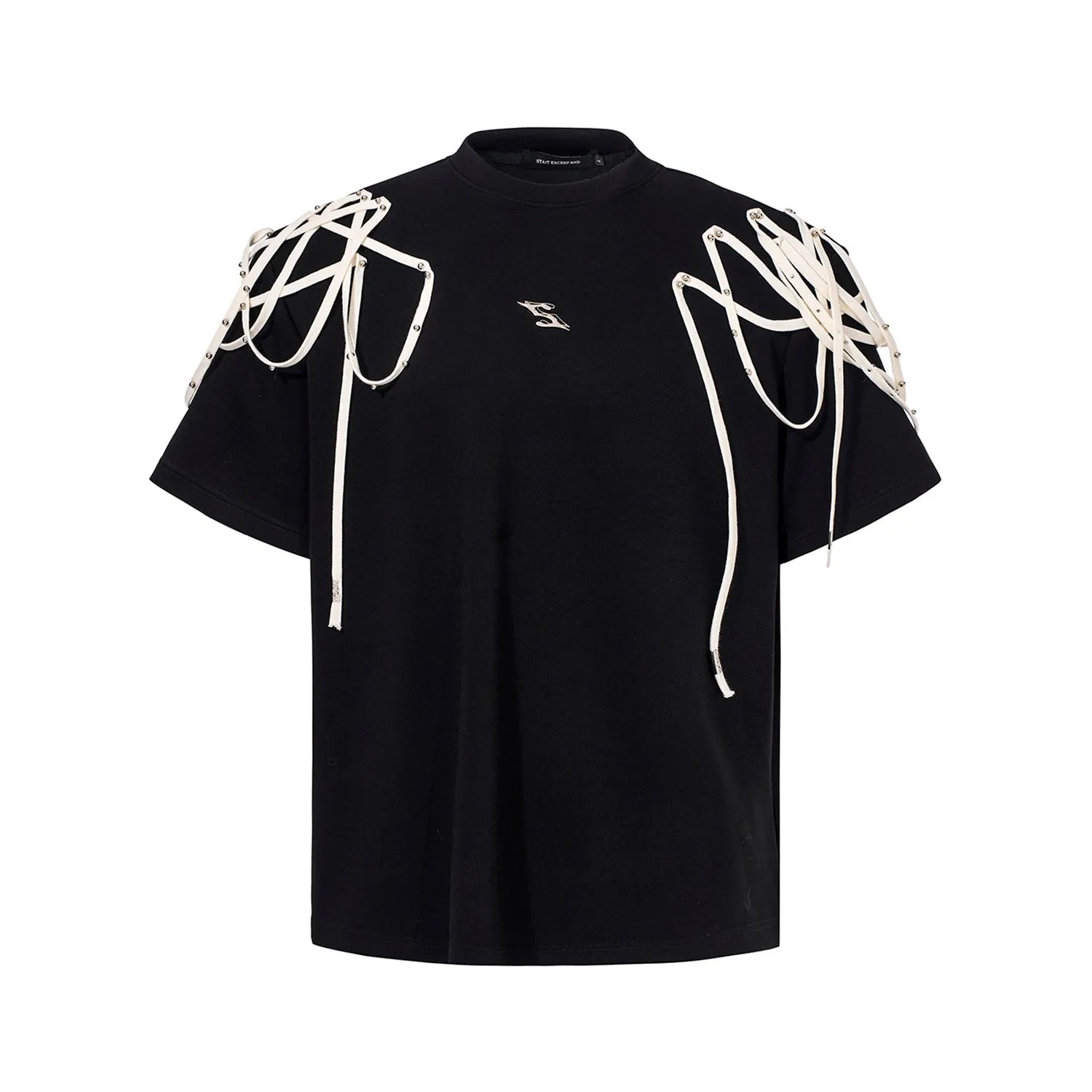 Black women's short-sleeved T-shirt with rivet ribbon padded shoulders and a loose fit.