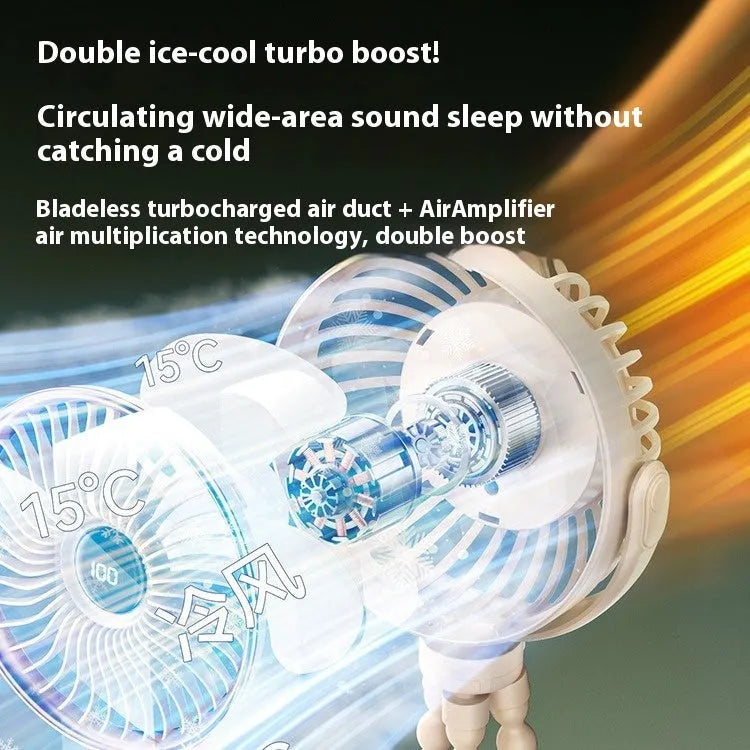 Beige portable octopus clip-on mini stroller fan with rotating head shown next to a USB cable
