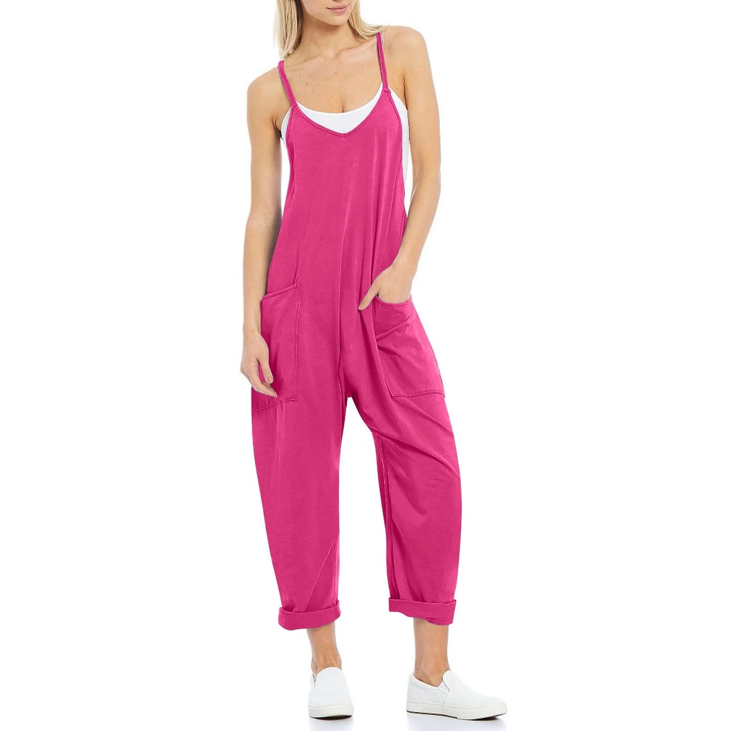 Women's knitted one-piece trousers with pockets and spaghetti straps in various colours
