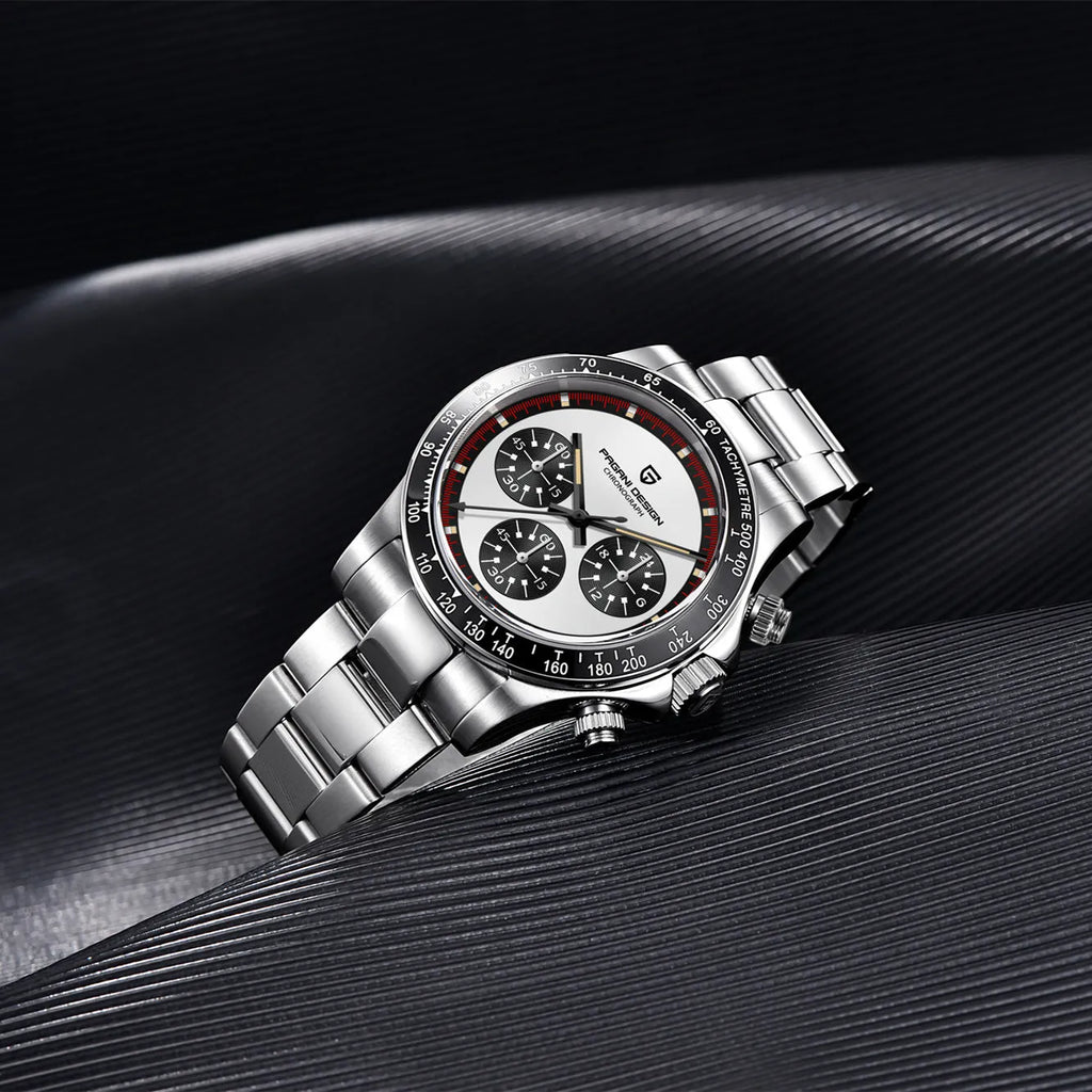 Berjani men's chronograph watch with stainless steel case and bracelet, black dial, chronograph subdials