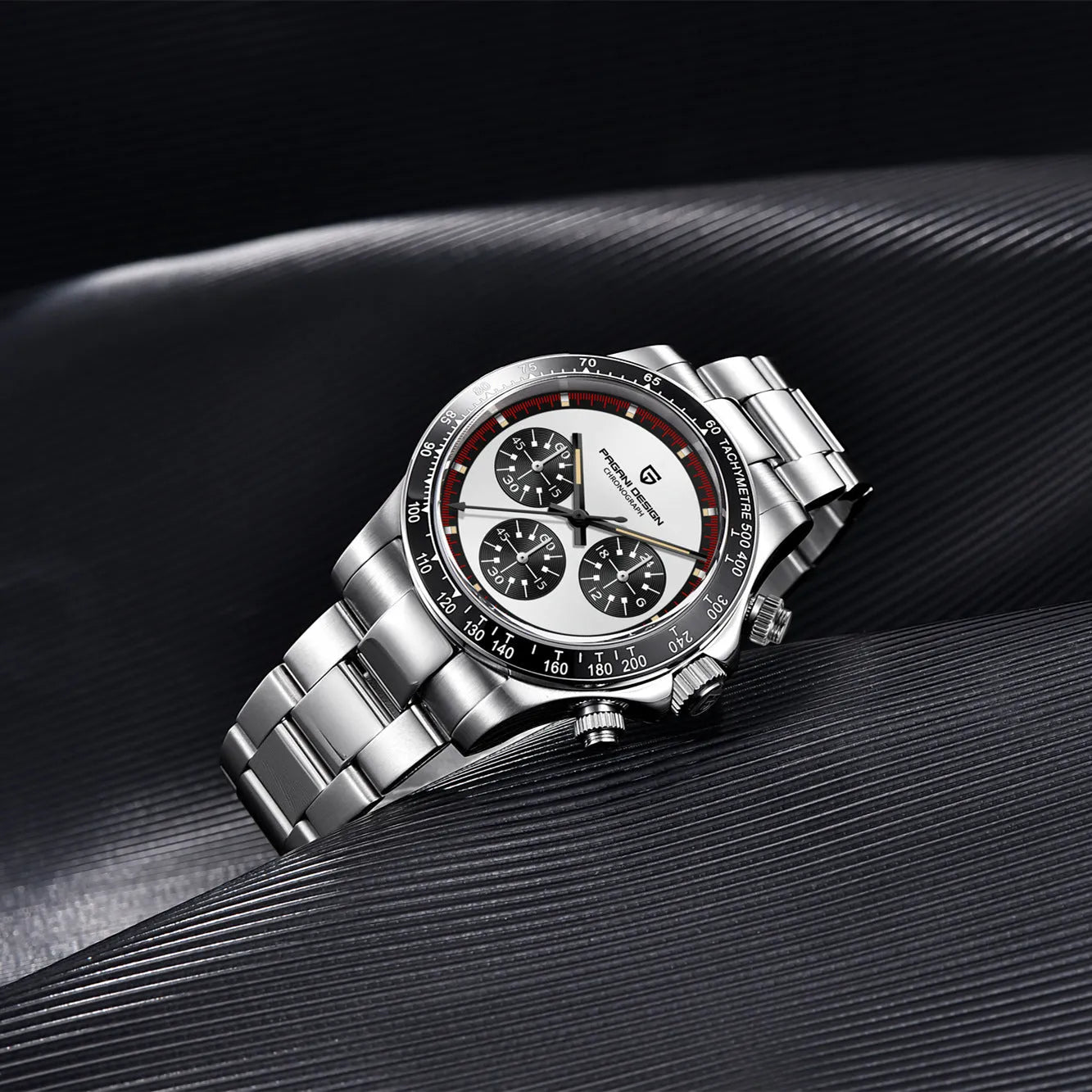 Berjani men's chronograph watch with stainless steel case and bracelet, black dial, chronograph subdials
