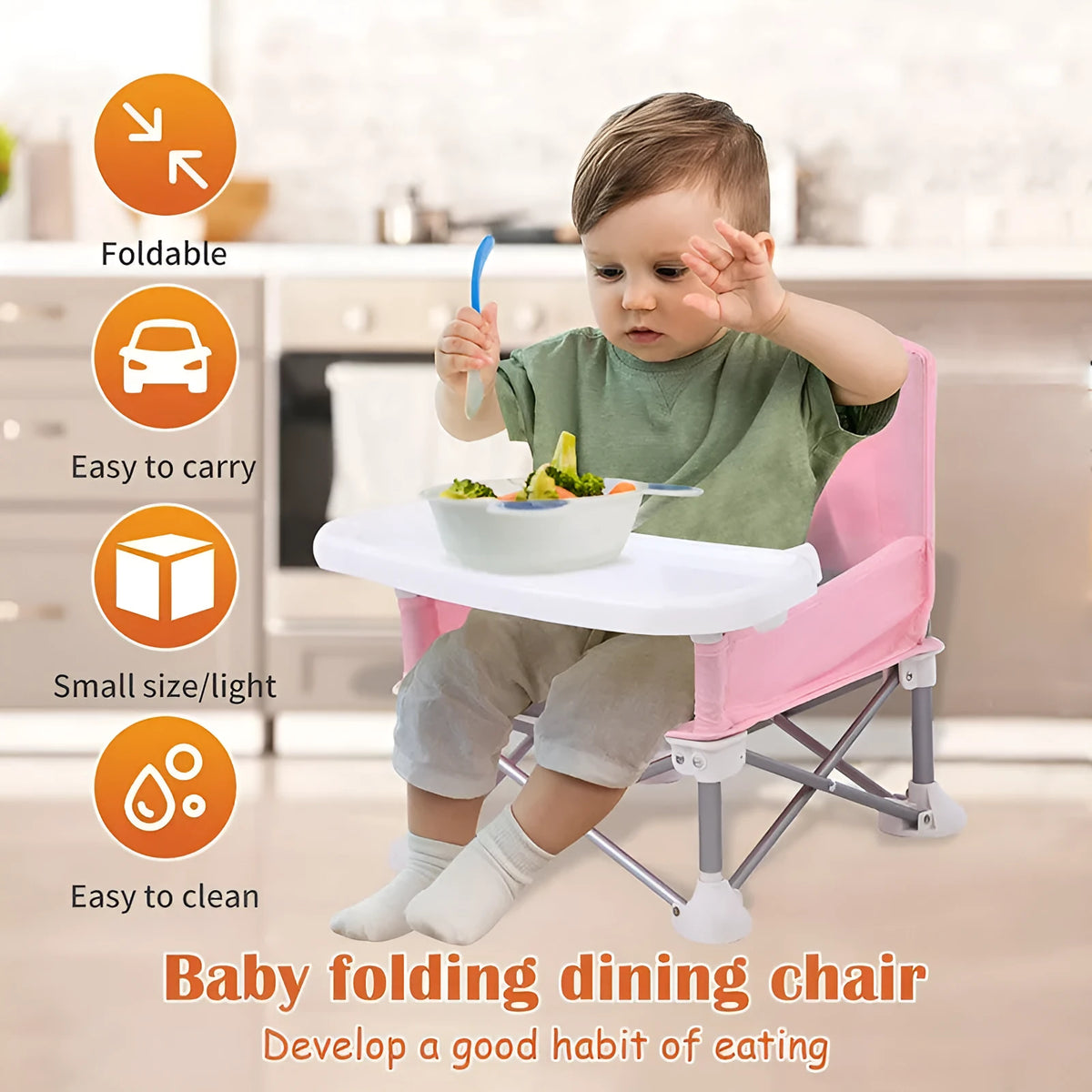 Foldable baby dining chair in folding grey with removable tray and safety belt, includes storage bag