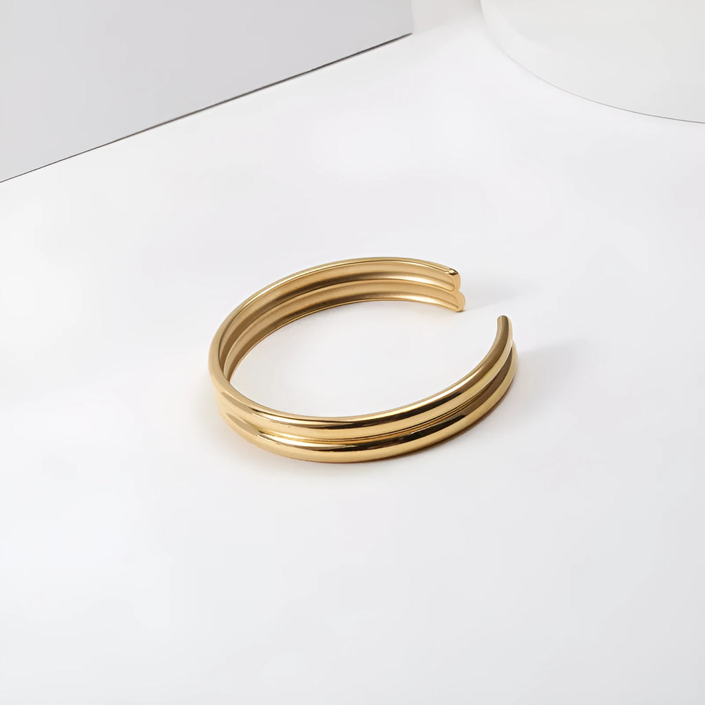 Gold double curved titanium steel bracelet with inlaid pearls geometric women's accessory