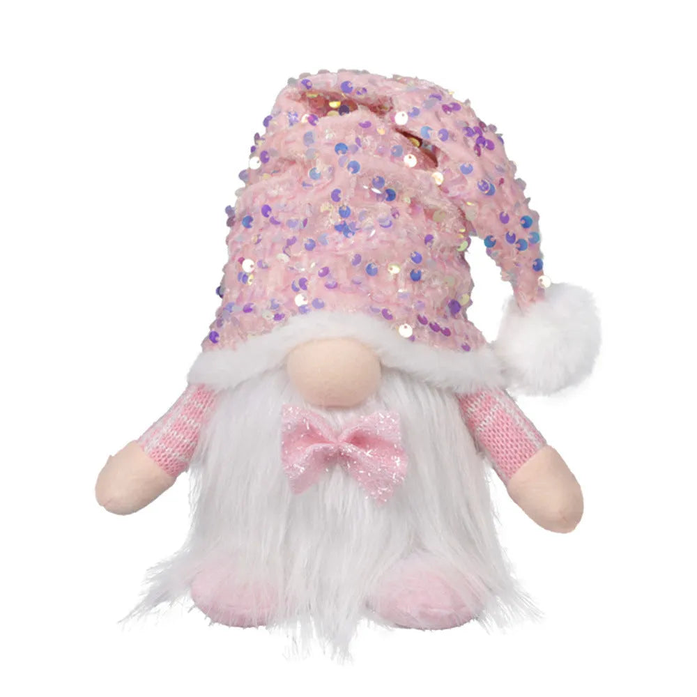 Christmas doll with knitted sequins and luminous glow in pink button ground essence colour, cloth material, cartoon-style plush ornament