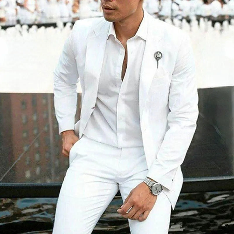 White slim fit men's two-piece wedding suit with cotton acetate blend fabric