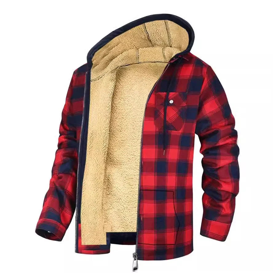 Men's plaid print hooded zip-up winter jacket with thickened cotton padding
