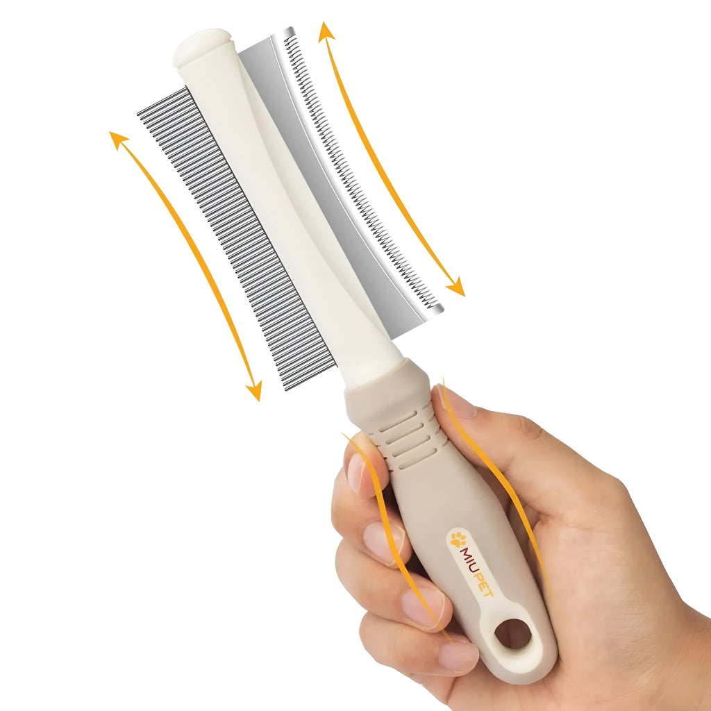 White double-sided pet grooming brush with curved comb and deshedding head on a 230mm handle.