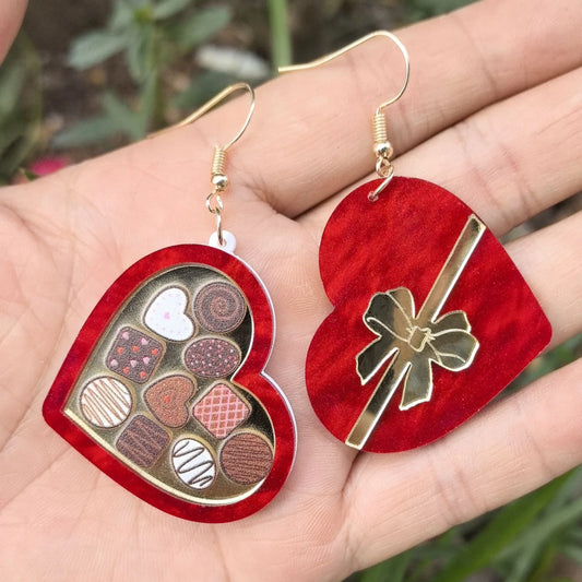 Romantic red heart-shaped acrylic drop earrings with various water pattern and sequin designs for women