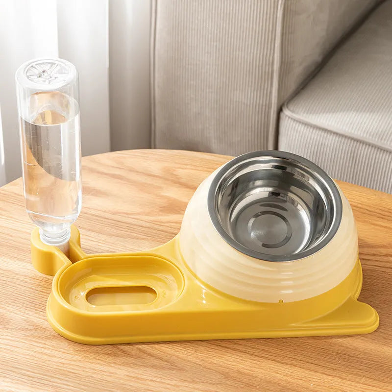 Elevated cat food bowl with attached water dispenser bottle in green colour