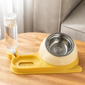 Elevated cat food bowl with attached water dispenser bottle in green colour