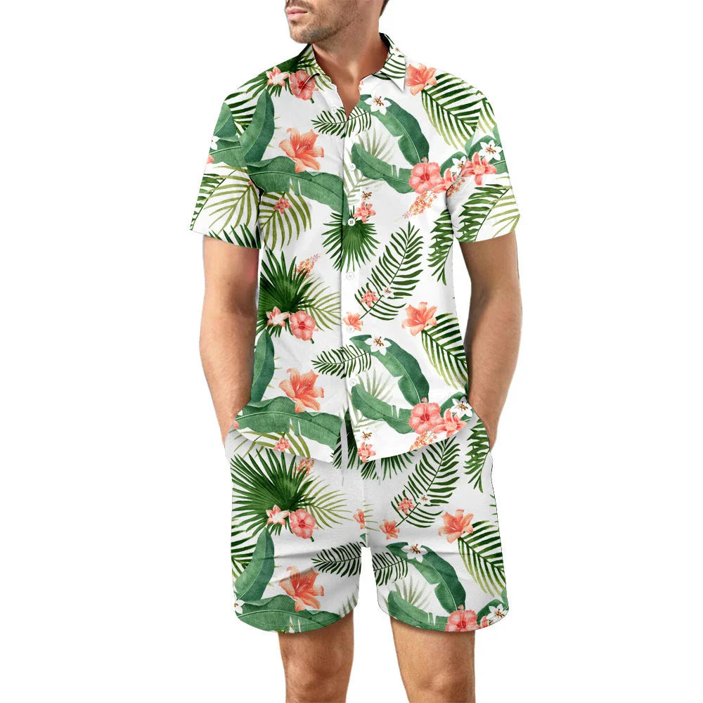 Stylish printed shirt and drawstring shorts set for men's casual beach vacation outfit