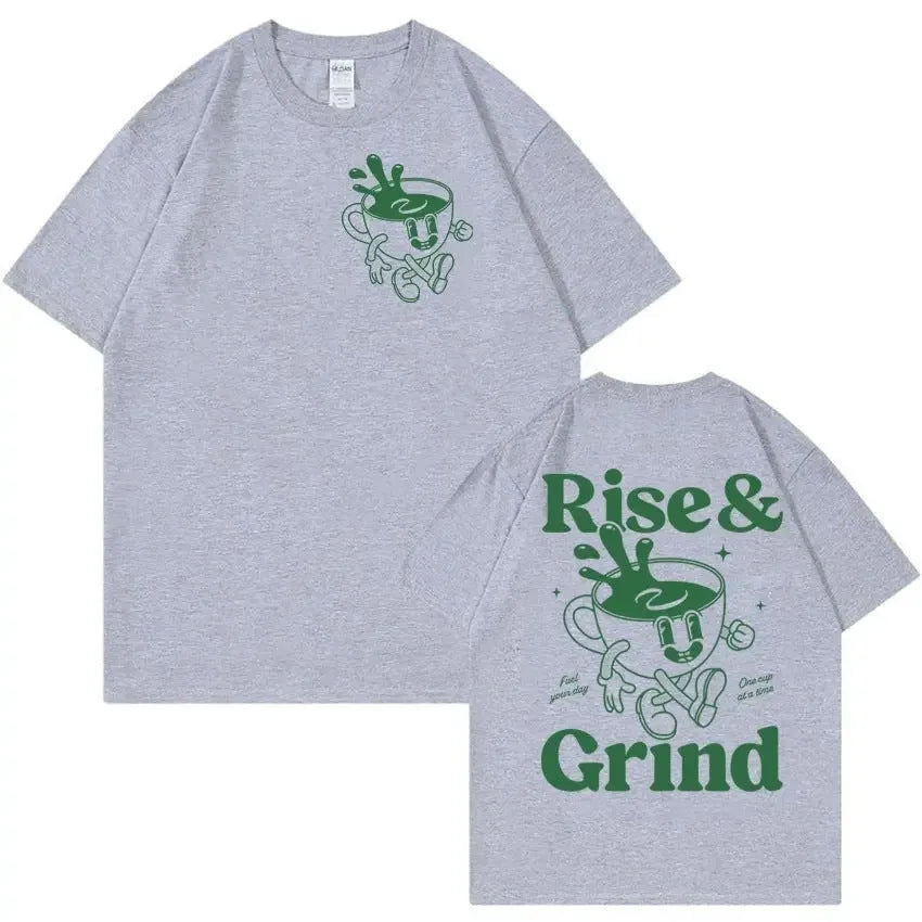 Rise And Grind Green Coffee expression printed on loose fit linen T-shirt