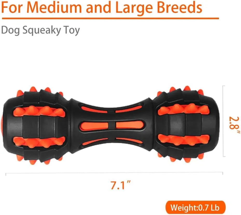 Red dumbbell-shaped durable rubber dog toy with squeaker for aggressive chewers.