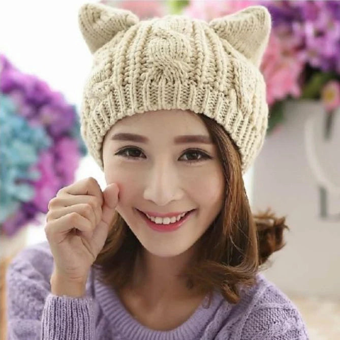Handcrafted 3D knitted cat ear beanie in various colours for winter warmth