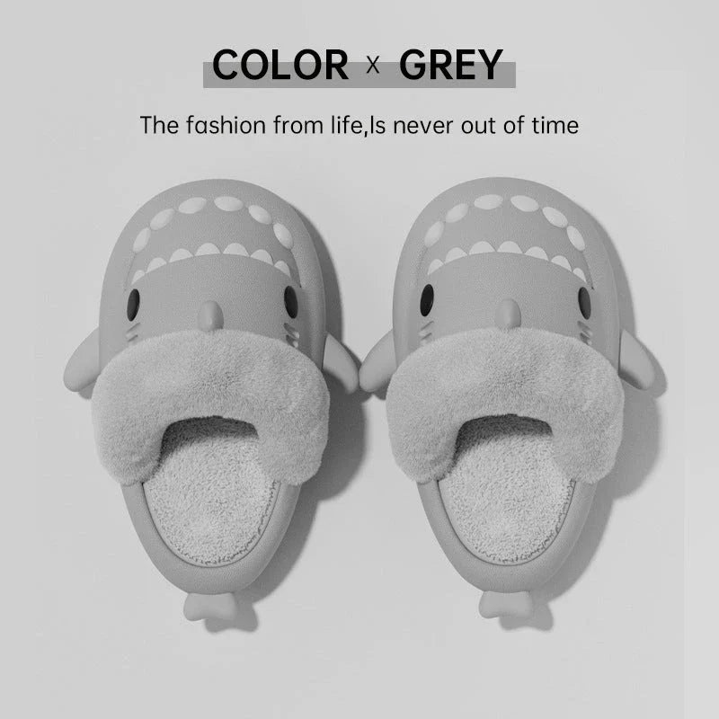 Cozy shark-inspired slippers in various colors, featuring plush, fuzzy material and durable non-slip soles