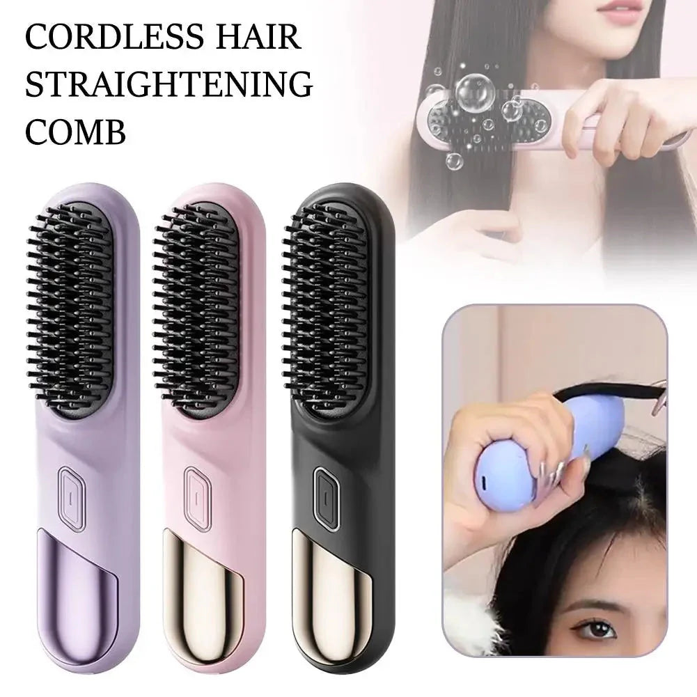 Cordless hair straightener brush in pink, black, and purple options for wet and dry hair styling