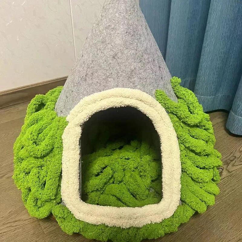 Grey conical felt enclosed cat nest with Christmas handmade design measuring 50cm diameter