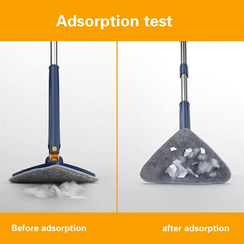 Blue and white extendable triangle cleaning mop with rotating head on a stainless steel pole.
