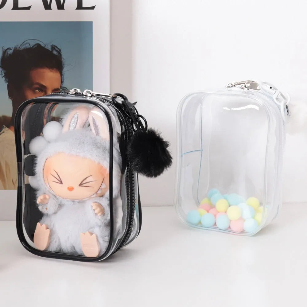 Set of three semi-transparent PVC makeup bags in black, pink, and white colours for Labubu and cosmetic storage