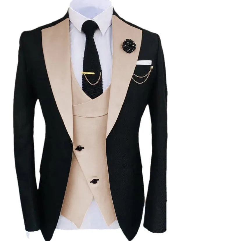 Men's slim fit three-piece cotton suit in a black-based colour for wedding or business wear.