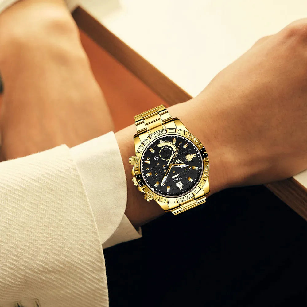 Men's gold-coloured stainless steel business watch with calendar on dial