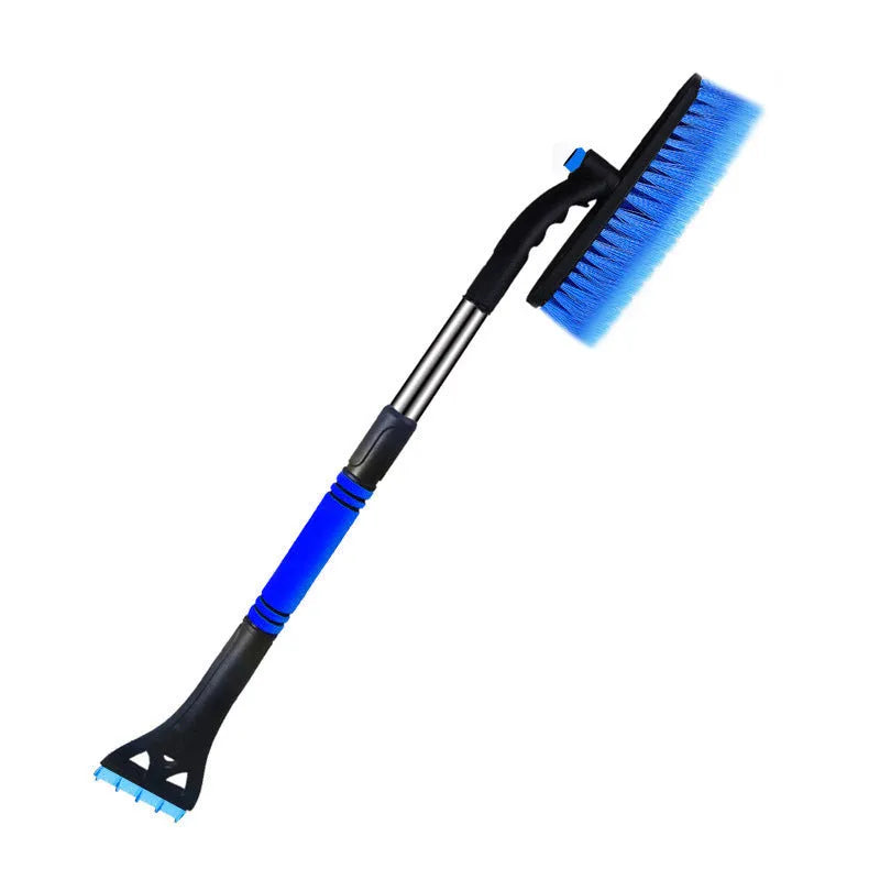 Yellow vehicle mounted telescopic snow removal shovel with brush and ice scraper extended to 80cm on car windscreen