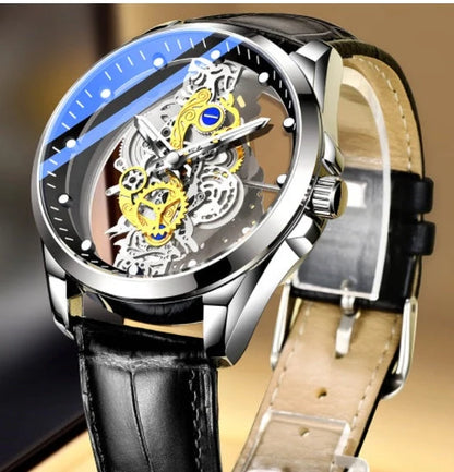 Men's skeleton automatic quartz watch with gold finish and mineral glass