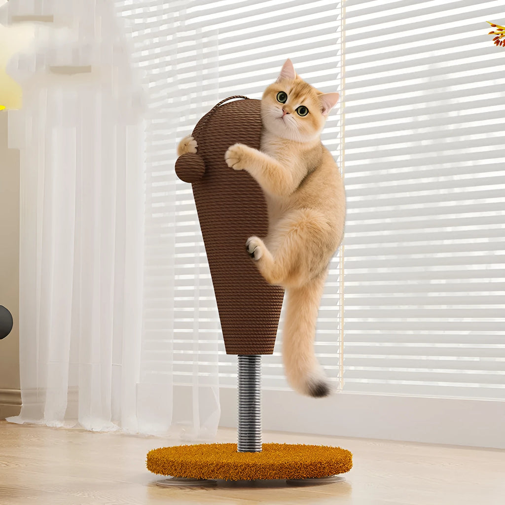 Hemp rope cat scratching board with integrated tumbling ball in large and small sizes.